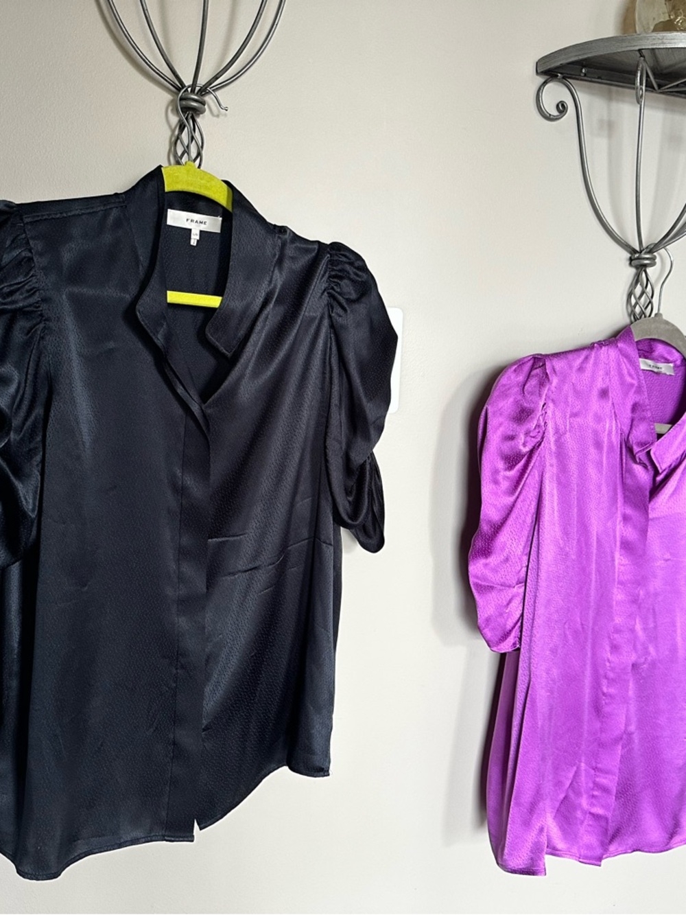 Frame Silk Puff-Sleeve Blouses Blue and Purple